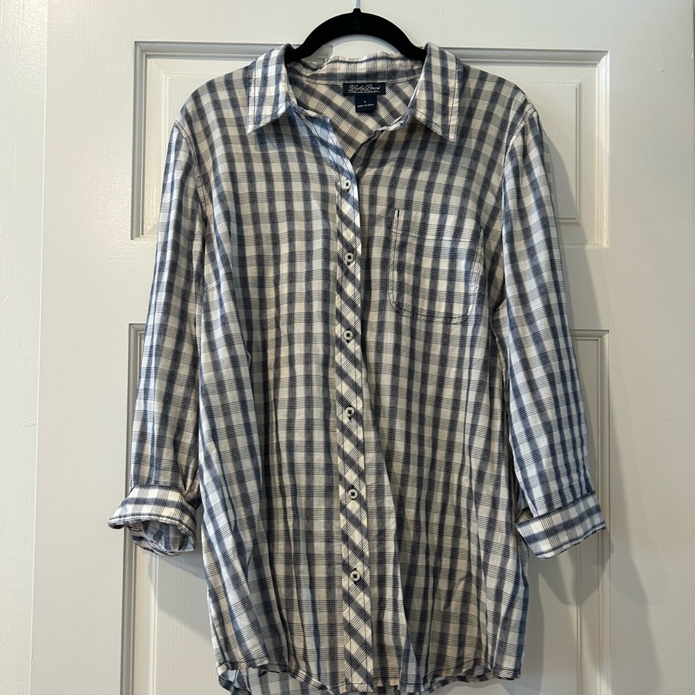 NWOT Lucky Brand Grey and White Plaid Button-Up Shirt - Large